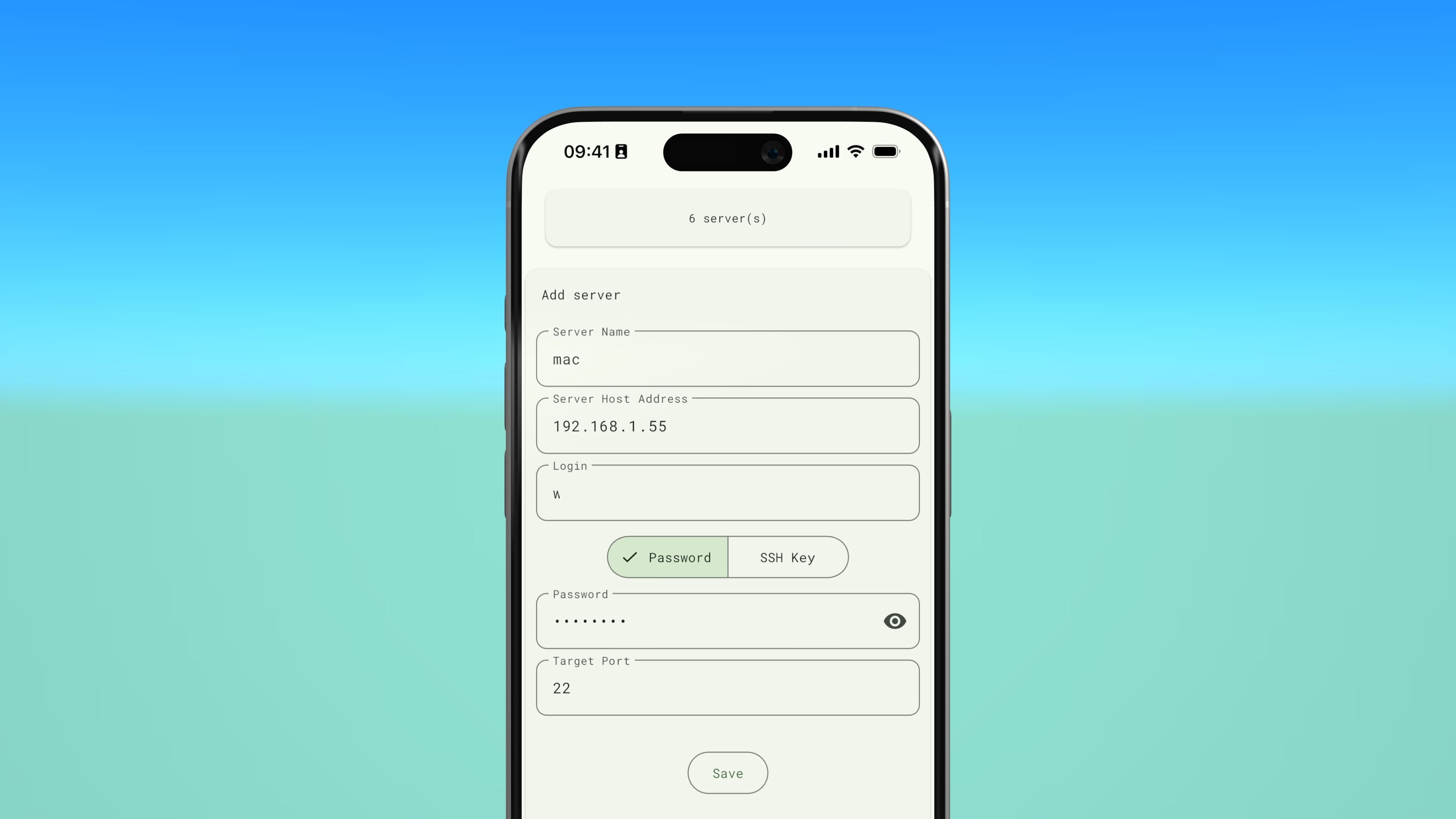 Codeusse SSH connection screen with host, port, and username fields filled in