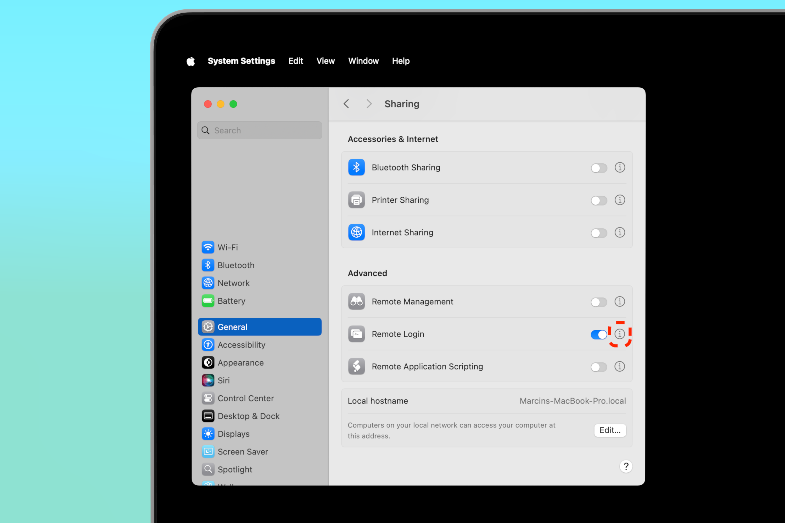 System Settings showing the General > Sharing pane with sharing services listed — the Remote Login details icon is highlighted