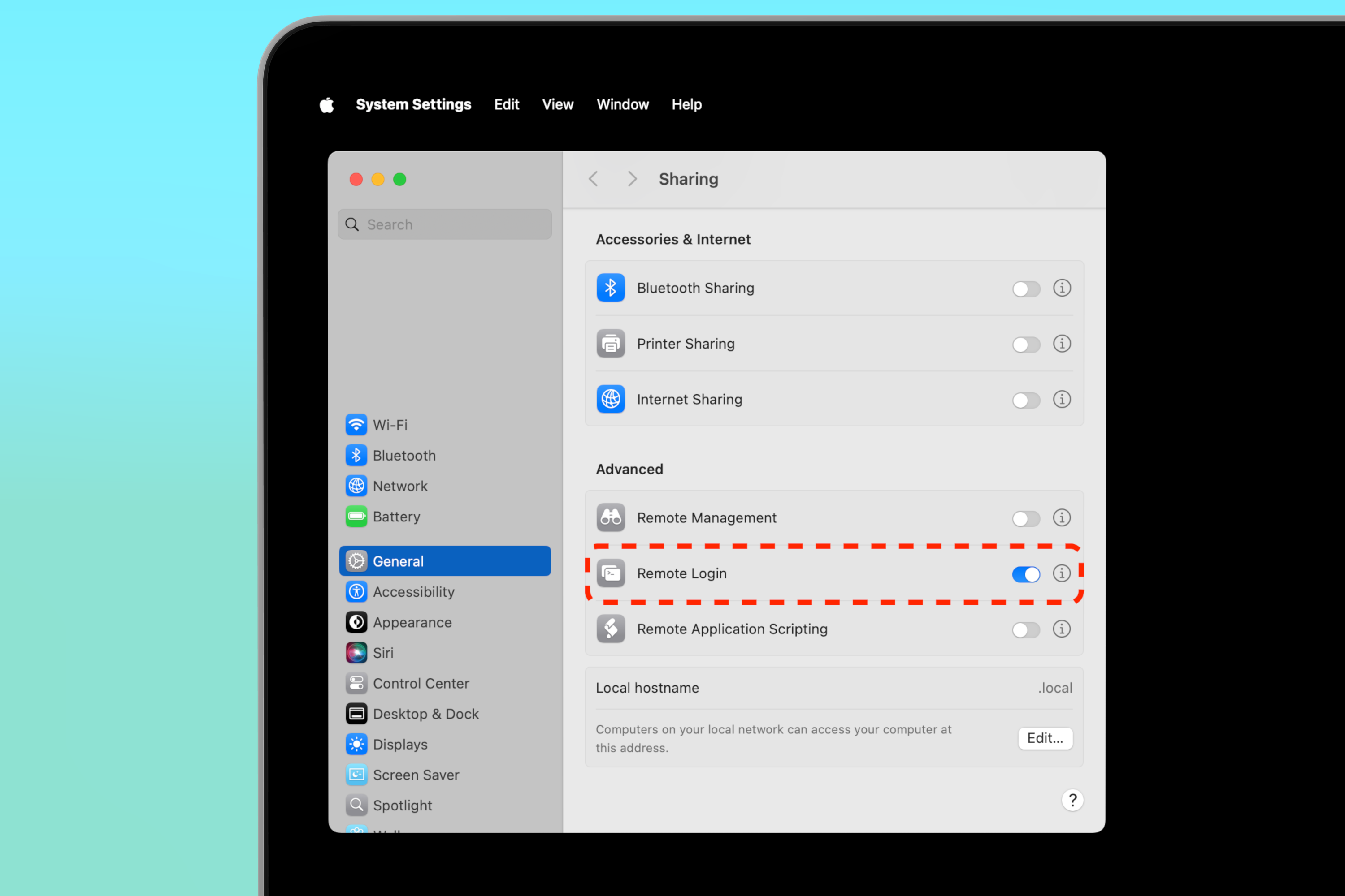 System Settings showing the General > Sharing pane with sharing services listed — the Remote Login row is highlighted