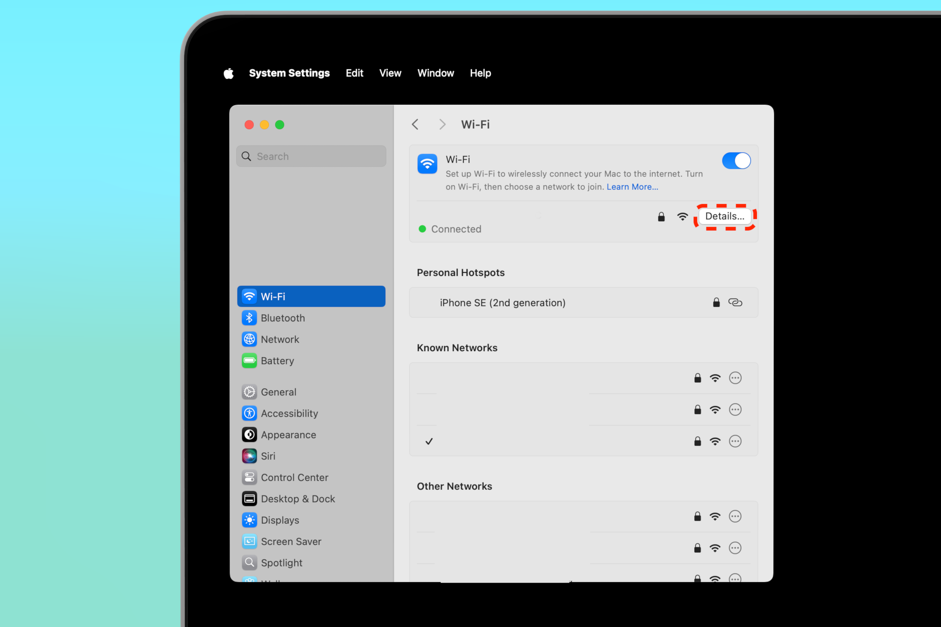 Wi-Fi Details window showing current network and the Details button highlighted